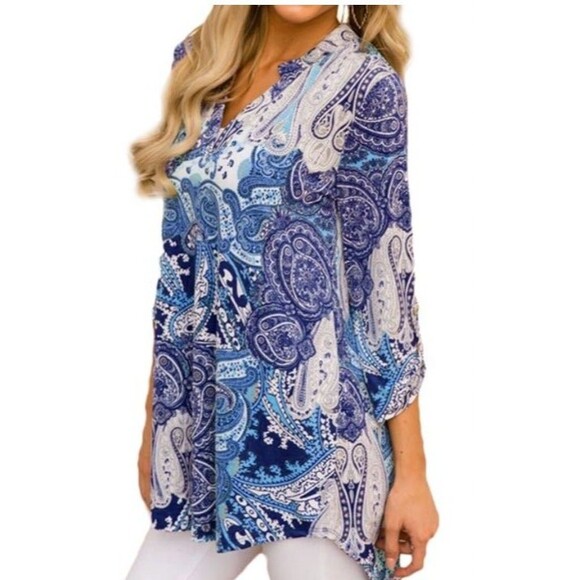 V-Neck Long Sleeve Blue Floral Print Top Sz L - Picture 2 of 4